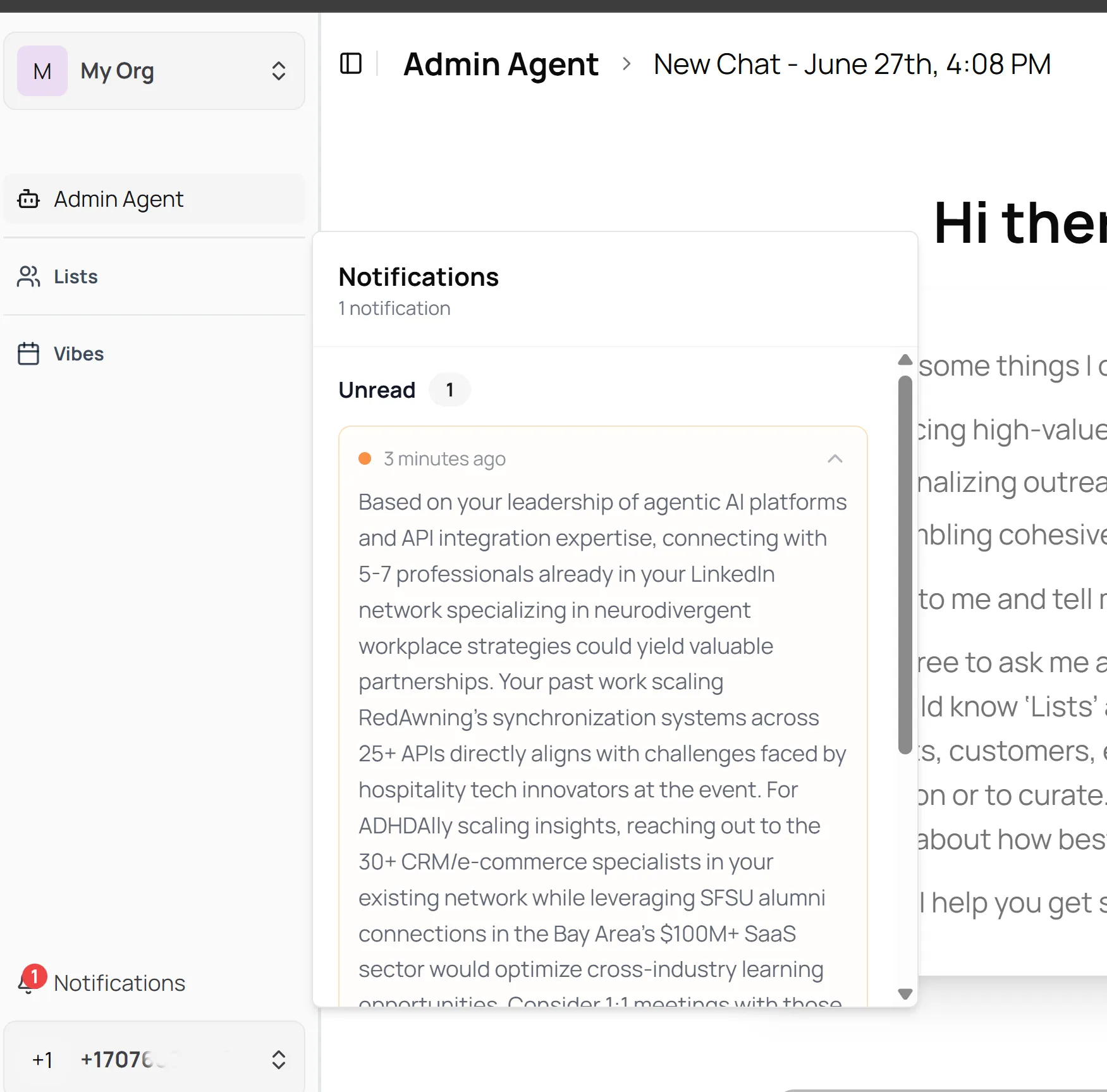 Ascend OS Admin Agent showing a proactive notification surfacing specific networking opportunities based on the user's professional background and goals