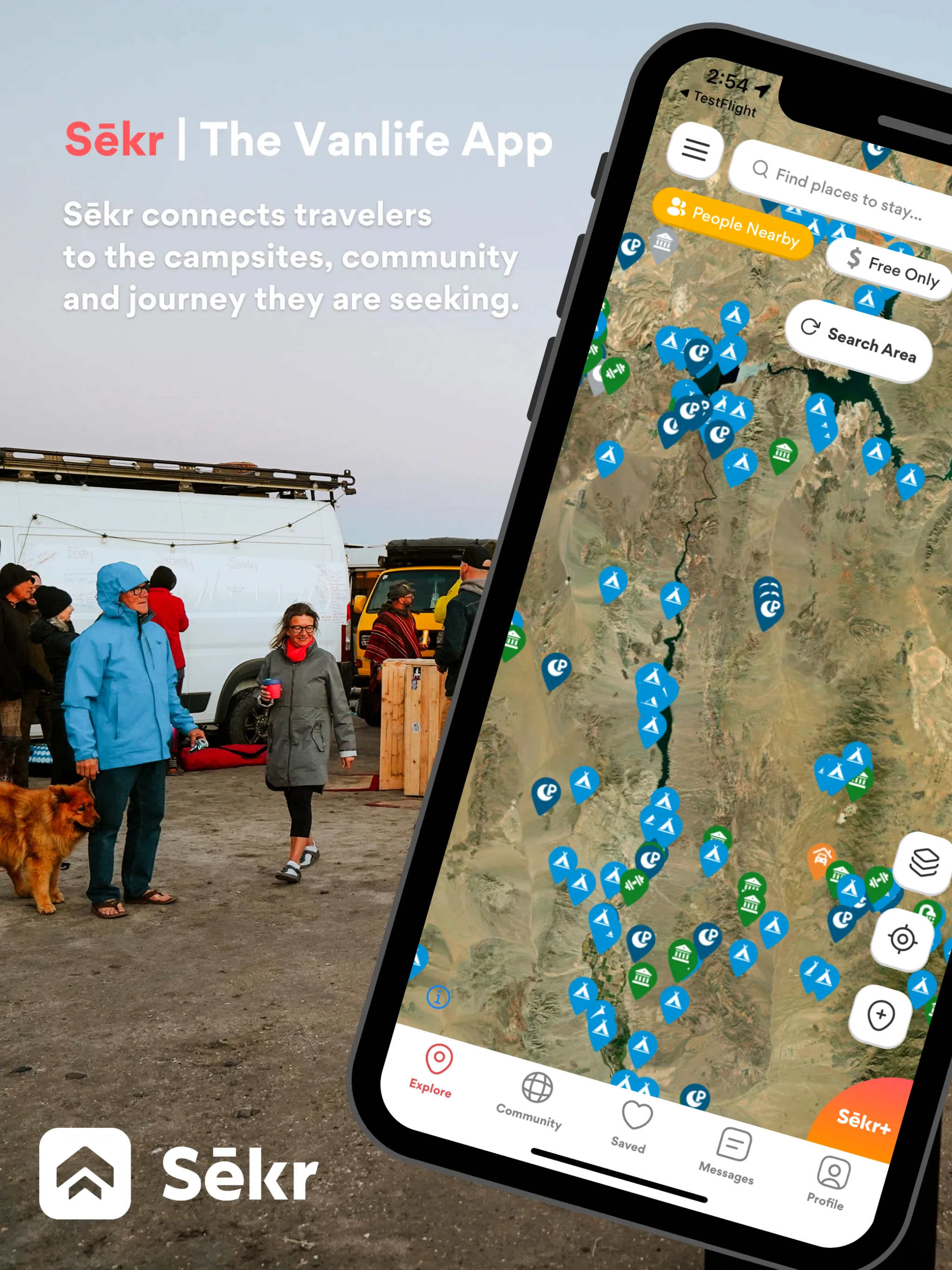 Sēkr vanlife app showing campsite map with the vanlife community in the background