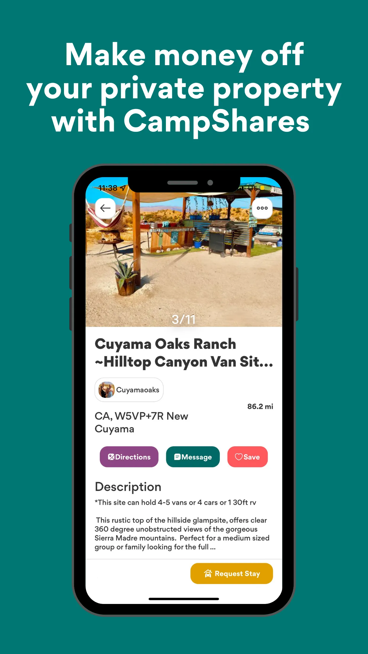 CampShares listing for Cuyama Oaks Ranch showing photos, description, and Request Stay button