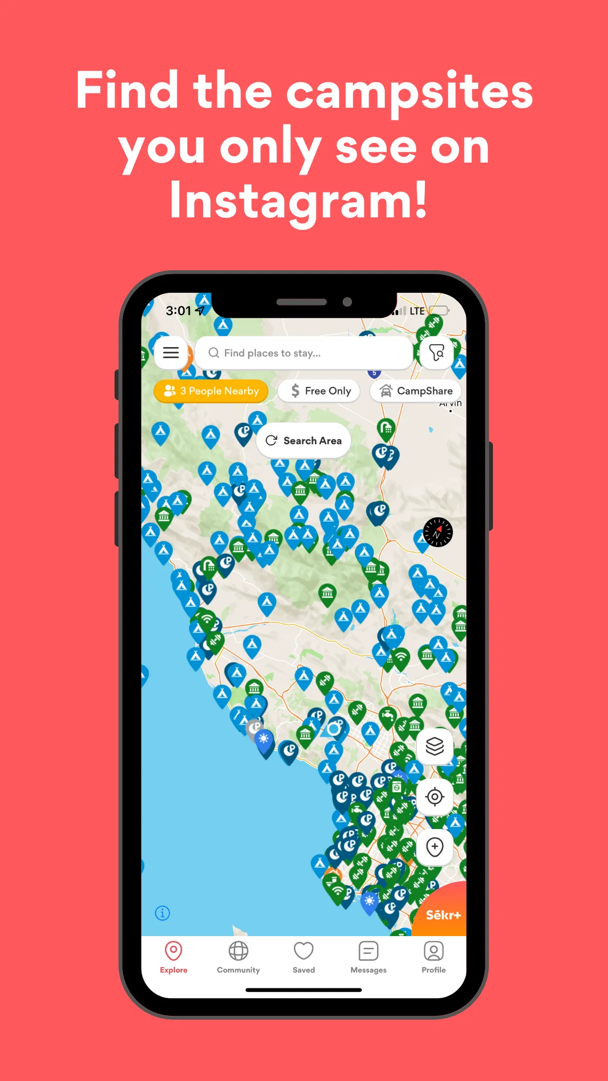 Sēkr map view showing hundreds of campsites across the California coast