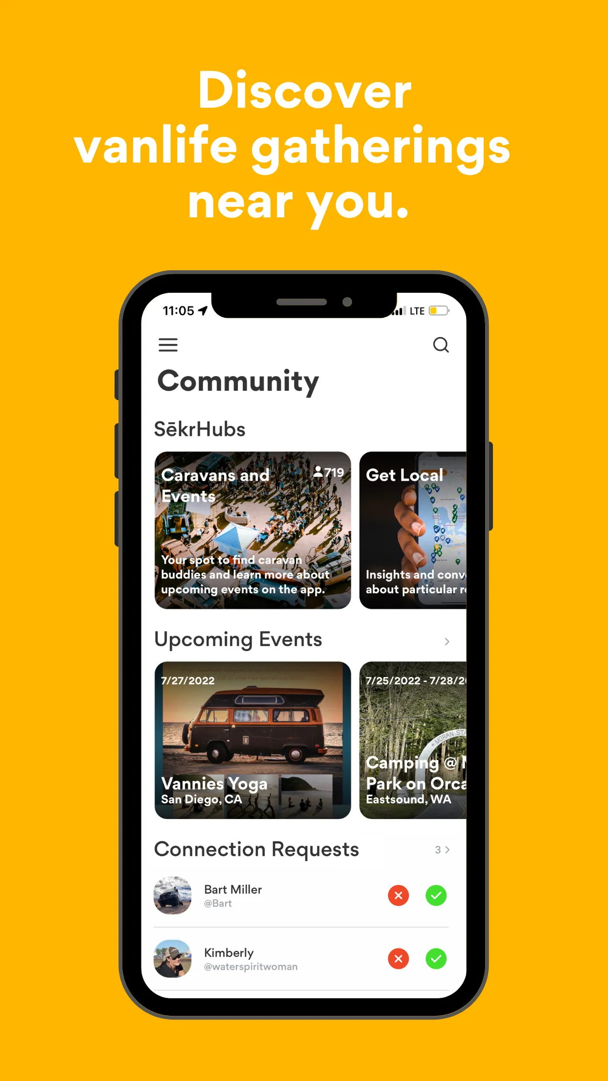 Community screen showing SēkrHubs, upcoming vanlife events, and connection requests