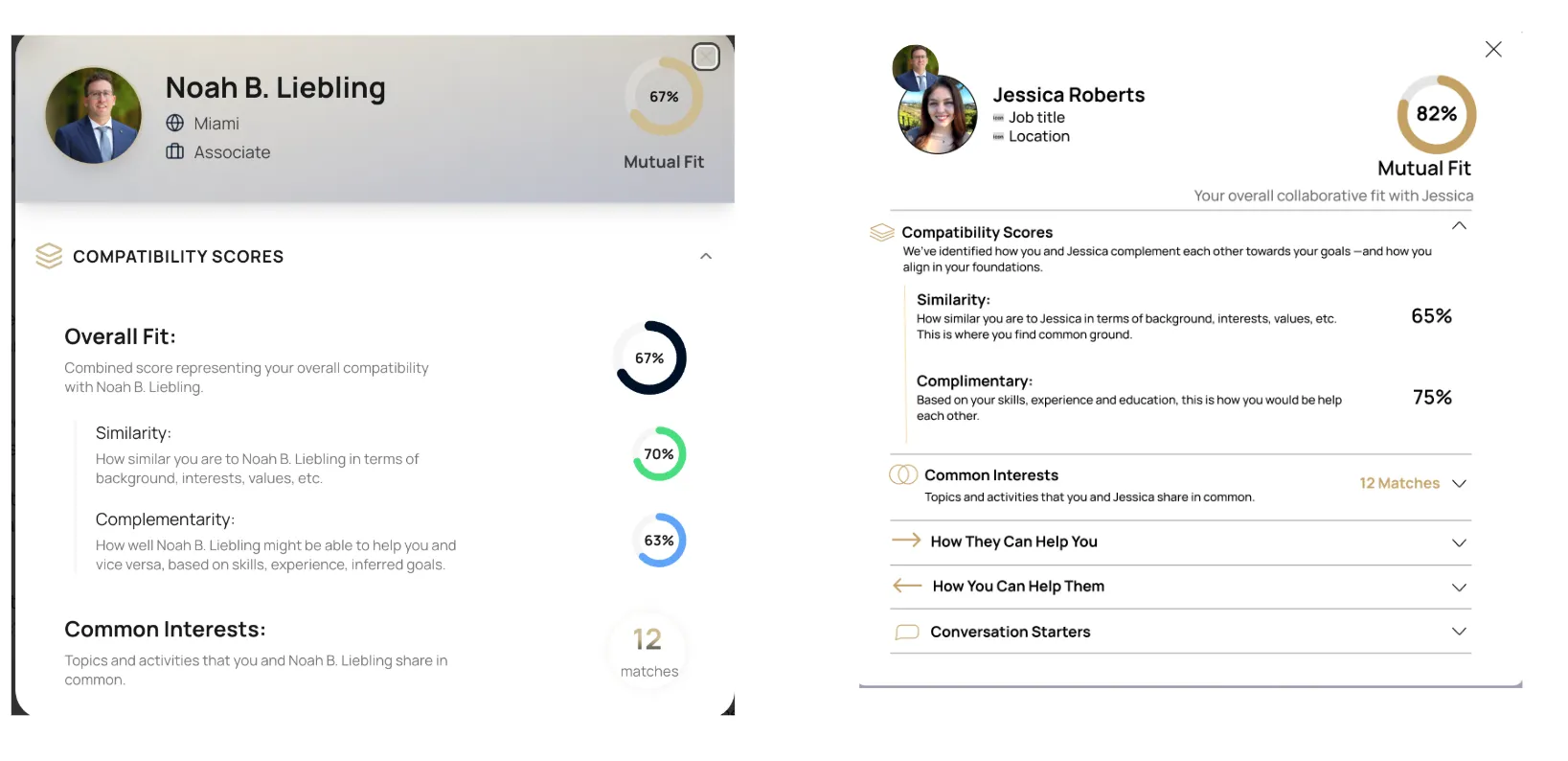 Ascend OS compatibility view showing two professionals with overall fit scores, similarity and complementary ratings, and common interests