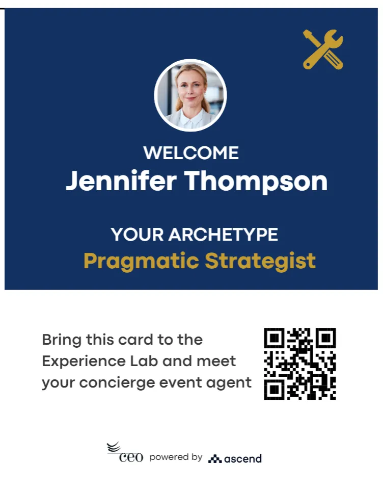 Physical event card for a CEO summit attendee showing her professional archetype and a QR code linking to her personal Ascend agent