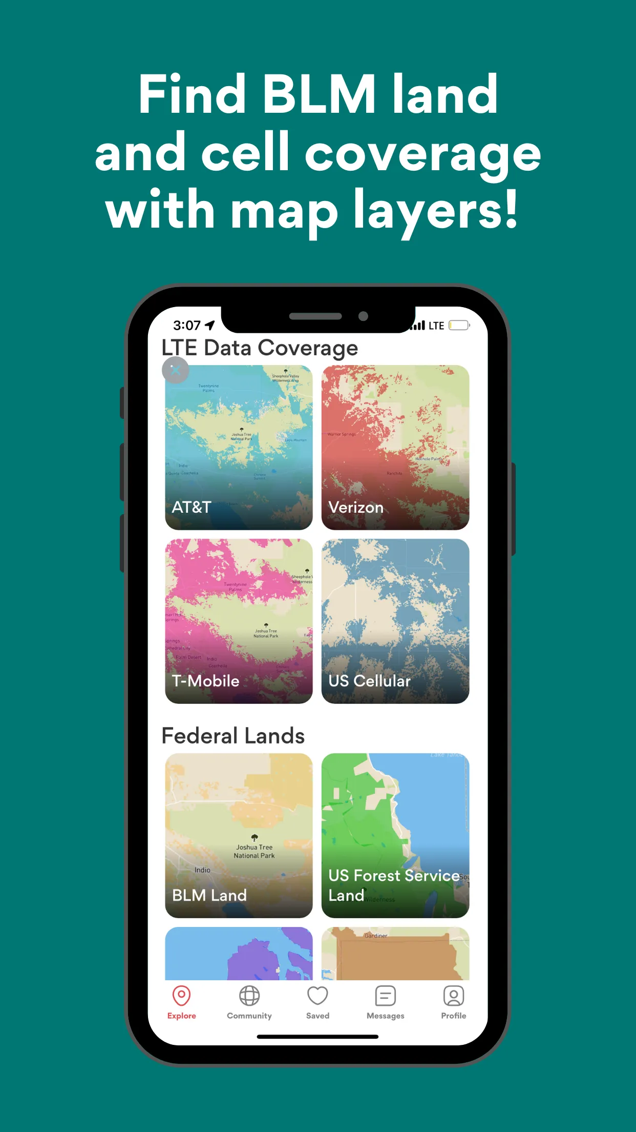 Map layers screen showing LTE cell coverage by carrier and federal BLM and Forest Service lands