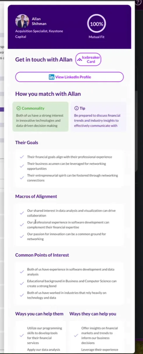 Ascend OS match card showing 100% mutual fit with a contact, including goals alignment, macros of alignment, common interests, and how each person can help the other