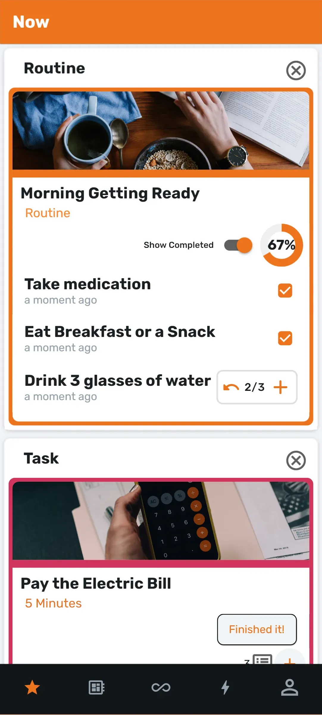Now view showing morning routine with medication tracking alongside a task