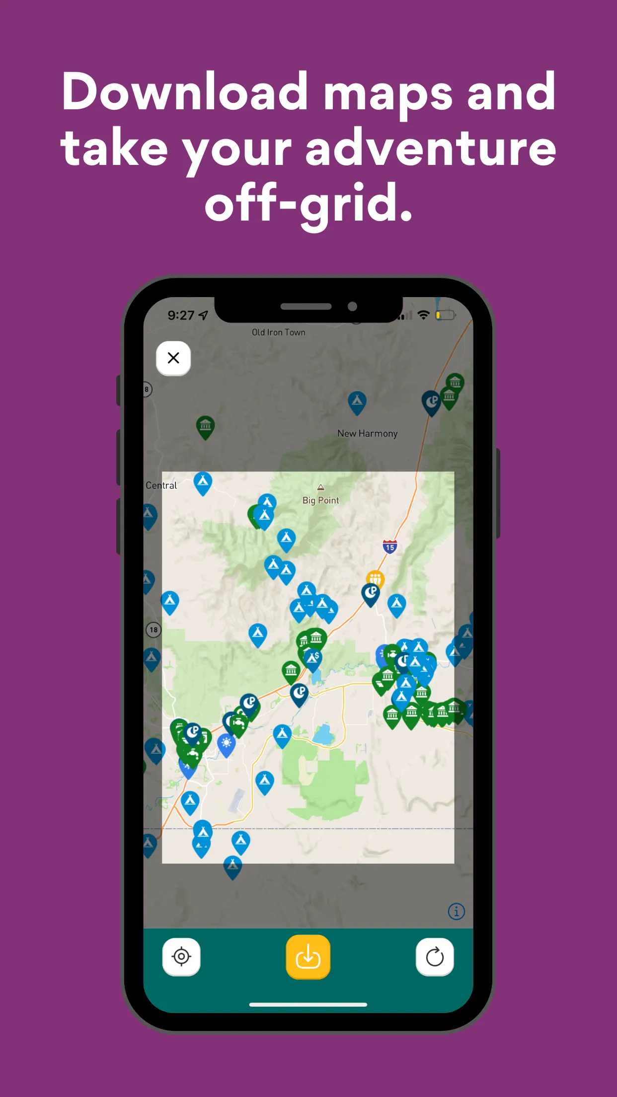 Offline maps screen showing downloaded map tiles for off-grid navigation without cell service