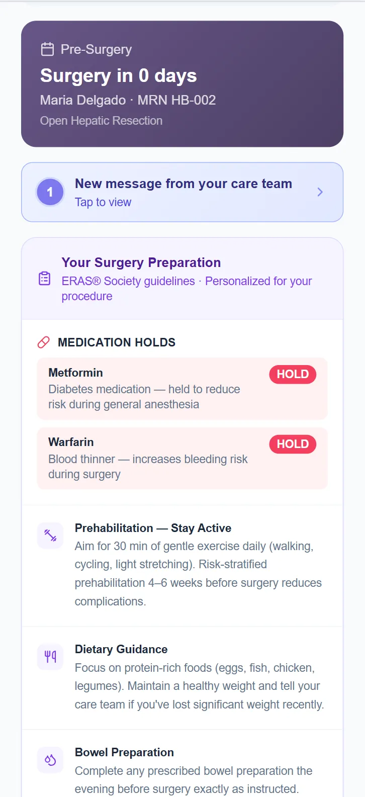 Patient mobile app showing pre-surgery preparation guide with medication holds (Metformin, Warfarin), prehabilitation, and dietary guidance
