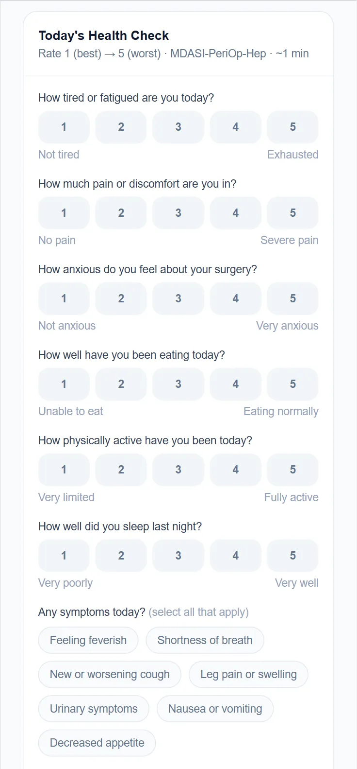 Daily health check with MDASI-PeriOp symptom assessment covering fatigue, pain, anxiety, eating, activity, and sleep