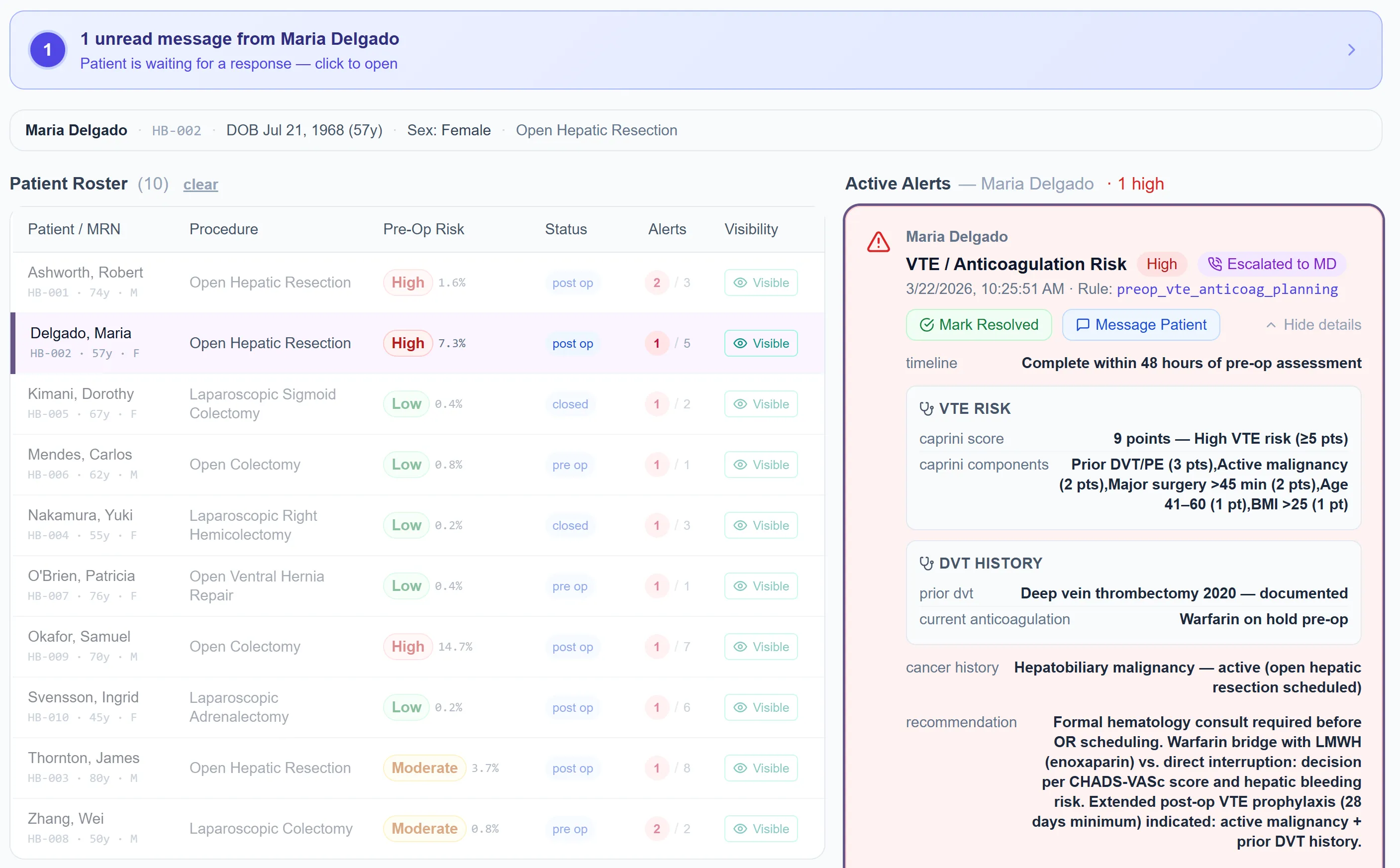 Patient roster with smart alert sidebar showing VTE/anticoagulation risk for Maria Delgado