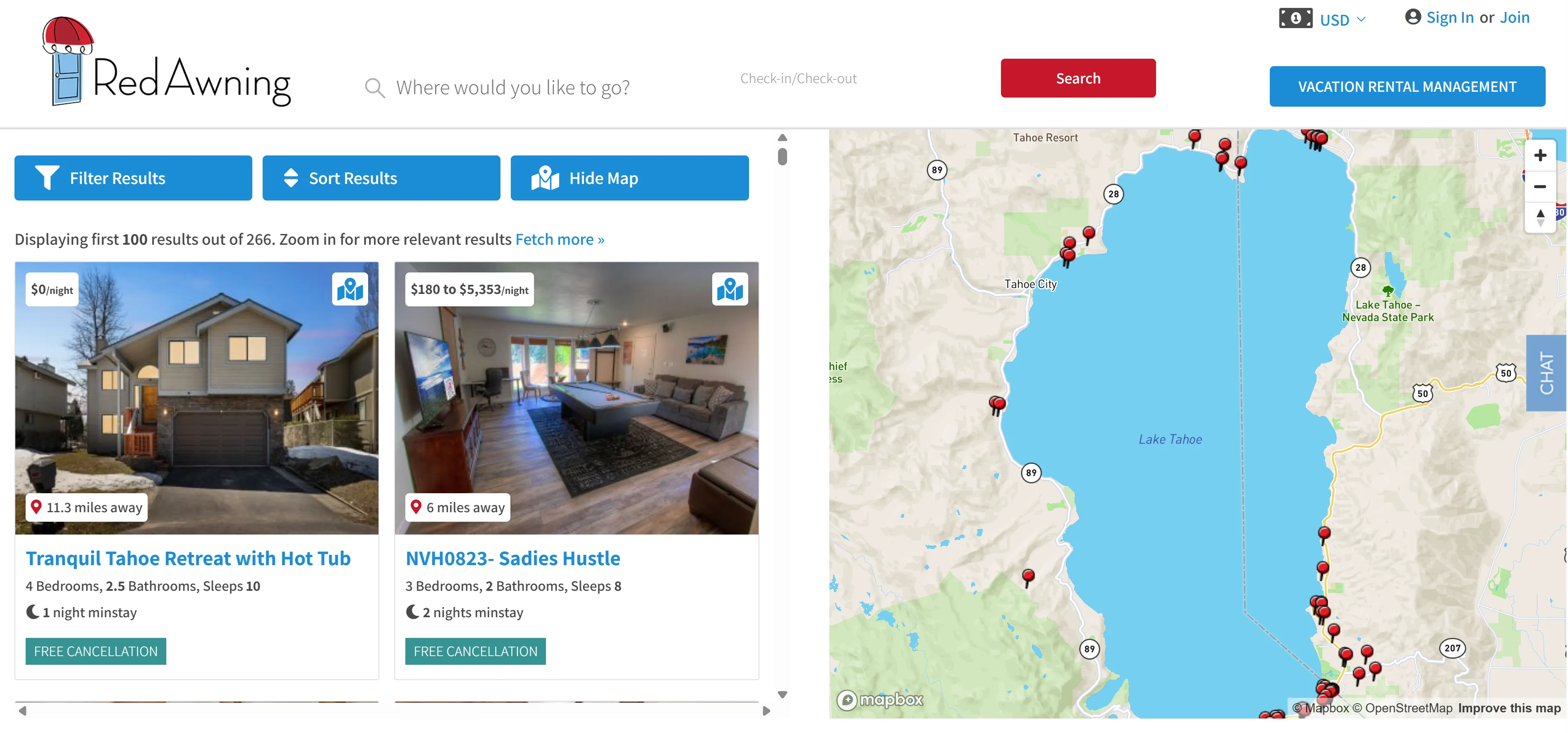 RedAwning property search interface showing vacation rental listings with map view of Lake Tahoe